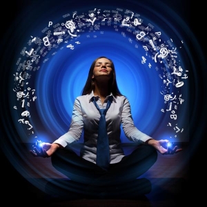 Meditating Business woman blue
